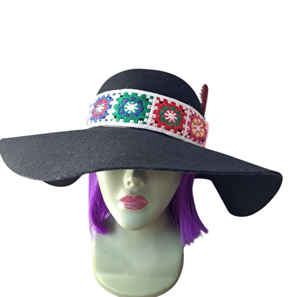 Upscaled Black Hippie Floppy Hat With Crocheted Hatband